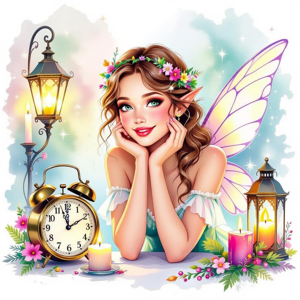 Enchanting Fairy Amidst New Year's Decorations in Watercolor...