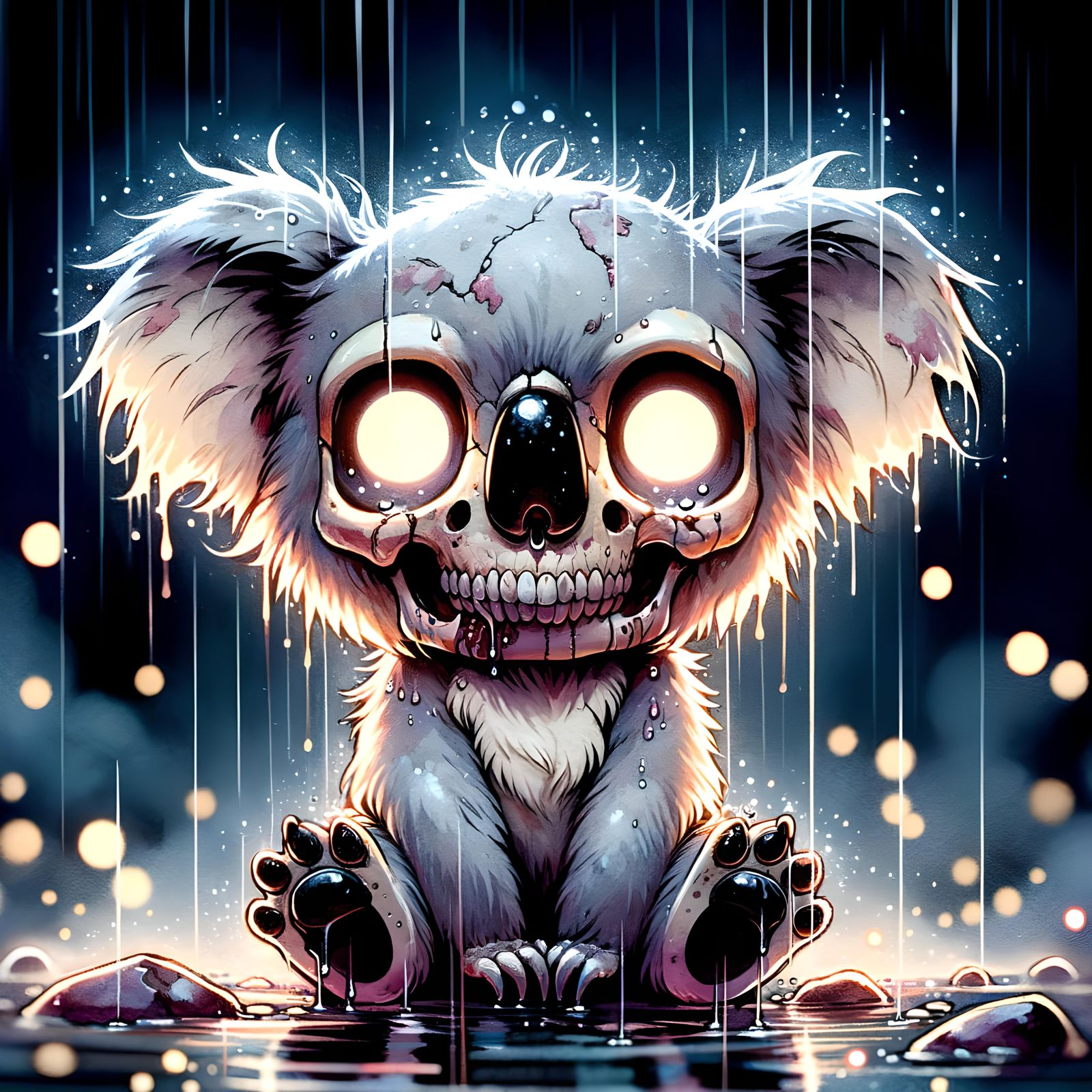 Undead Chibi Koala in Rain, Watercolor and Ink Style