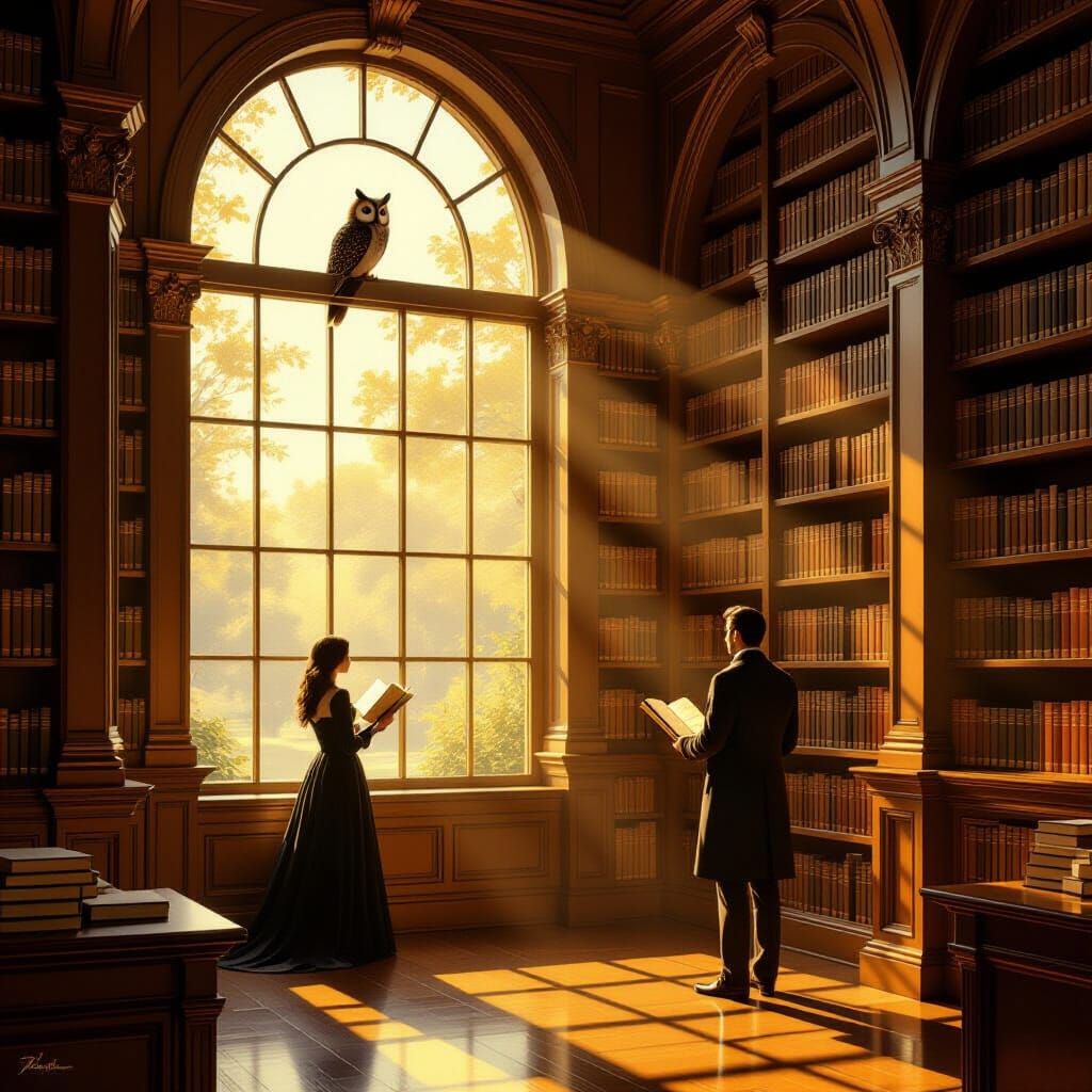 Golden Hour Library Serenity with Owl and Reader