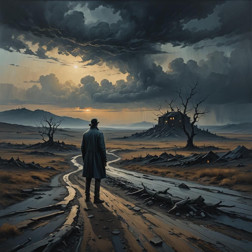 Eerie Surrealist Landscape with Lonely Figure