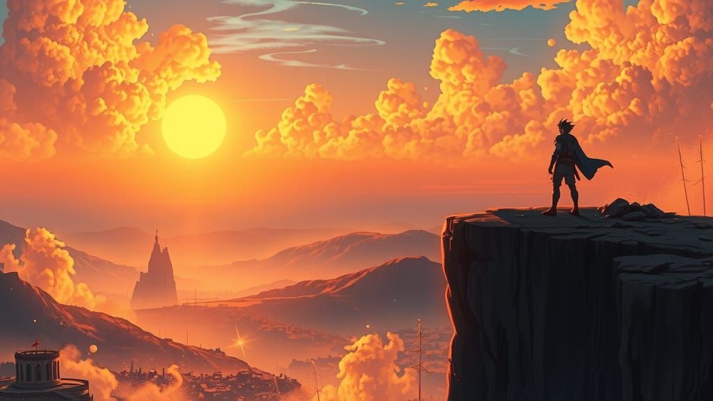 Anime Hero Overlooks Fantasy Sunset Landscape