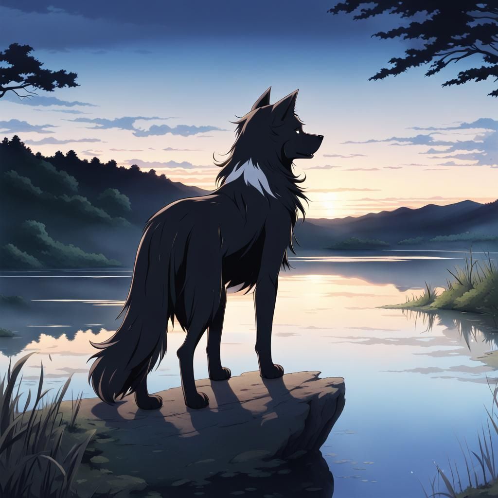 Black Dog Gazing at Dusk in Anime Style