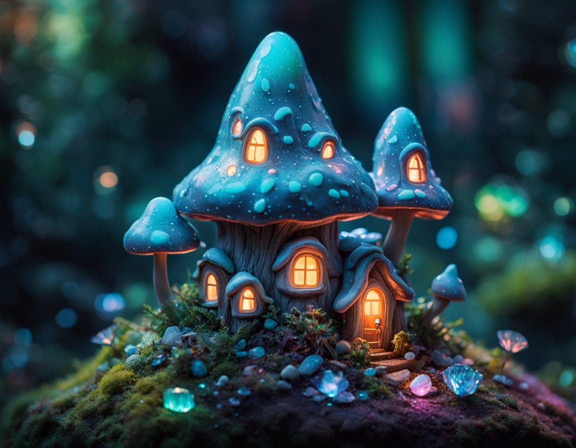 Bioluminescent Mushroom Home with Glowing Crystals