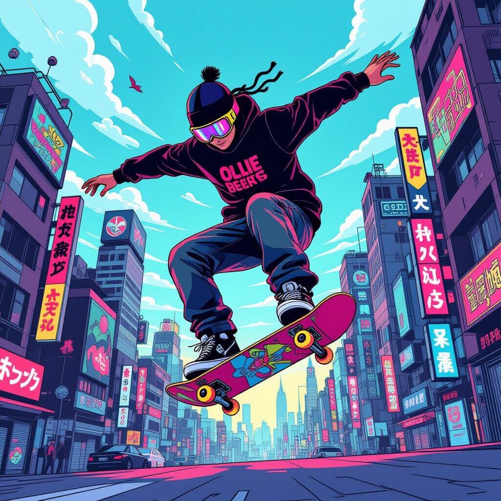 Skateboarder Ollie in Mid-Air with Urban Neon Cityscape
