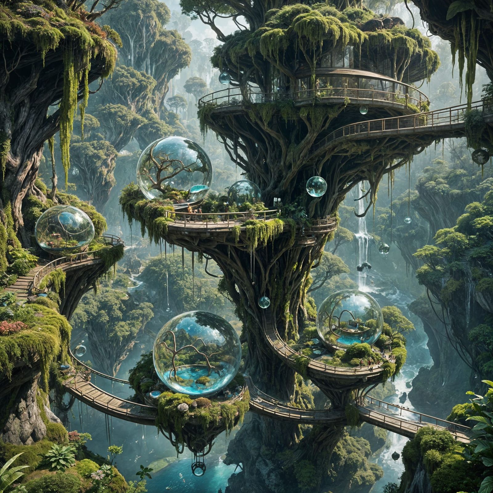 Glass Drop Structures with Mossy Trees, Digital Art