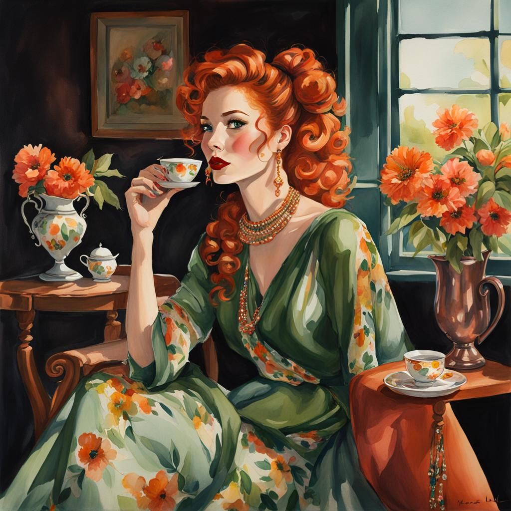 Elegant Woman with Green Eyes in Watercolor Style