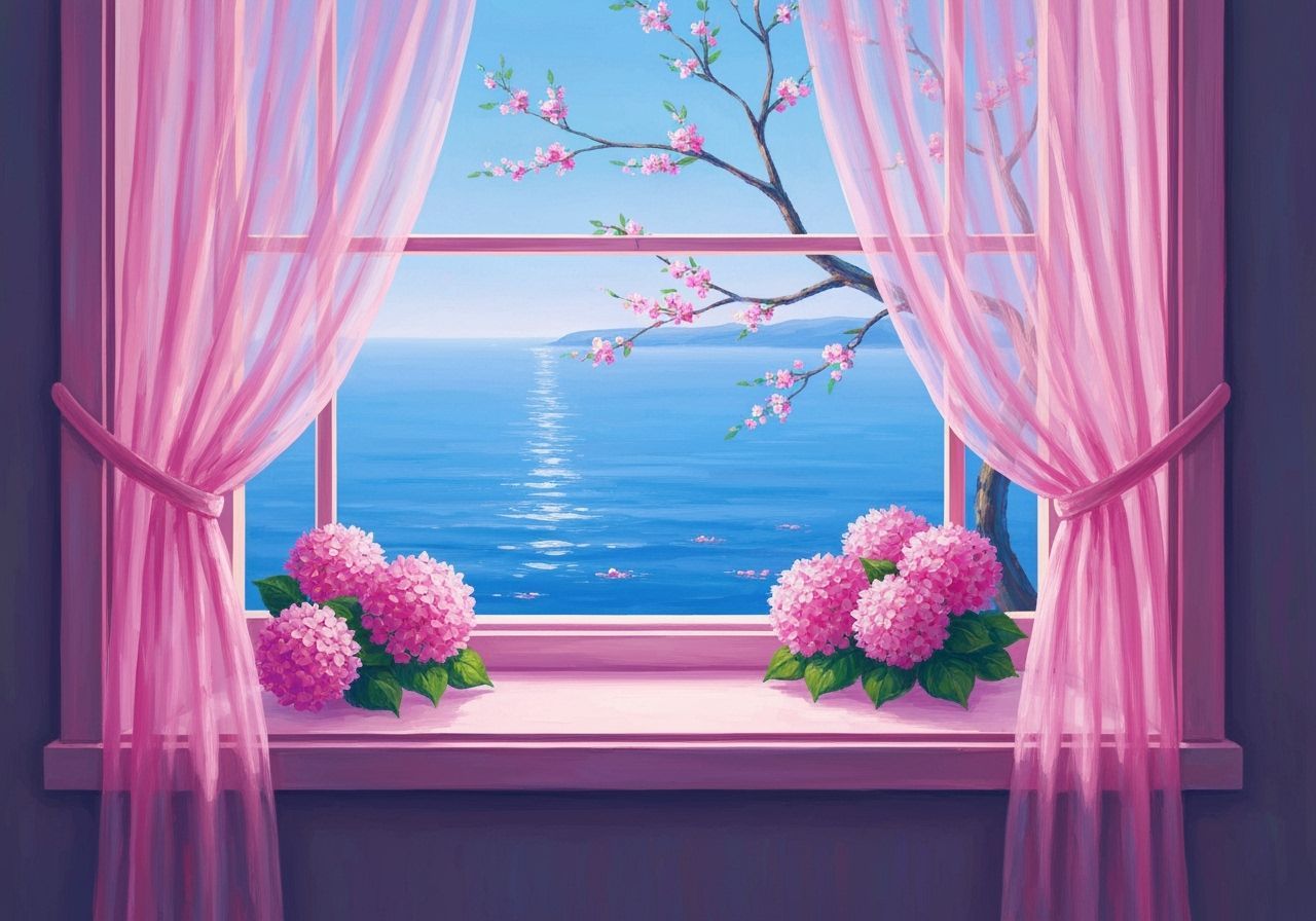 Impressionistic Seascape with Pink Hydrangeas