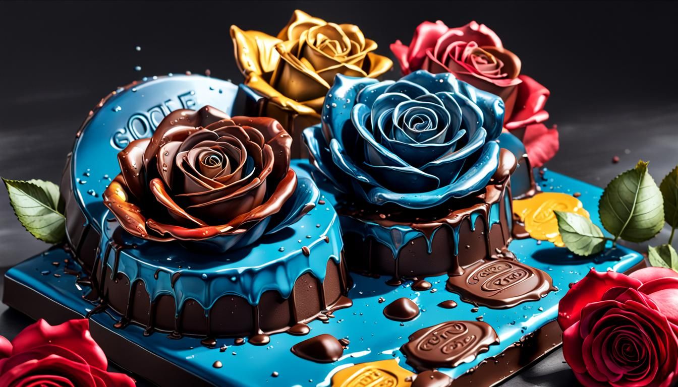 Hyperrealistic Iron Chocolates and Roses Splash Art