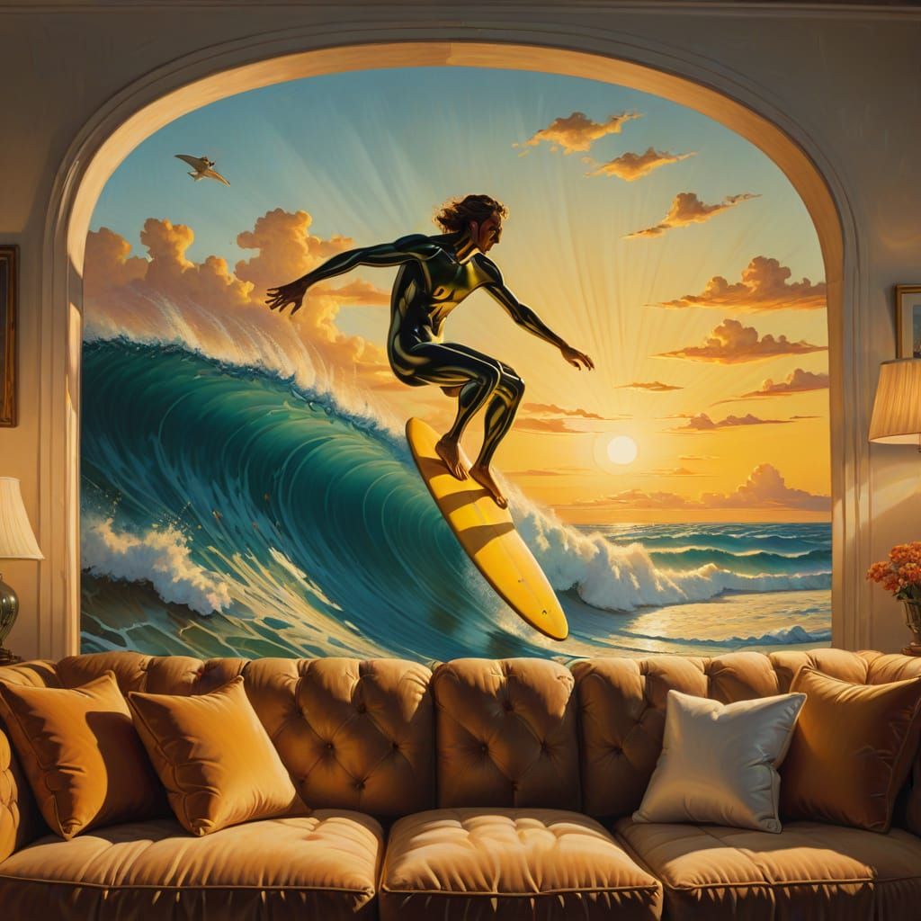 Surreal Surfer Rides Couch in Golden Sunlight