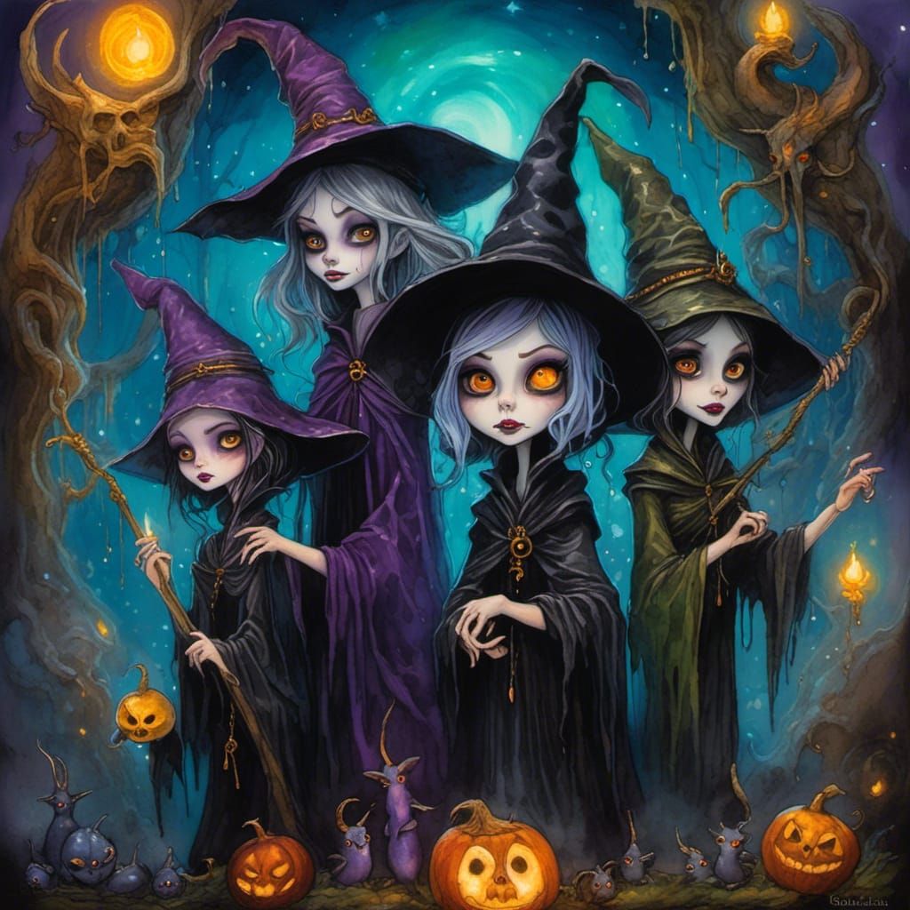 Evil Witches in Mystical Realm, Alcohol Ink Art