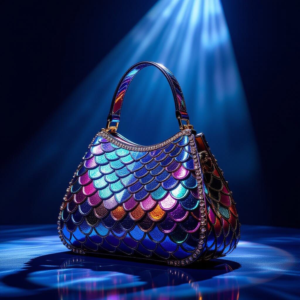 Avant-Garde Handbag with Iridescent Scales in Dramatic Spotl...