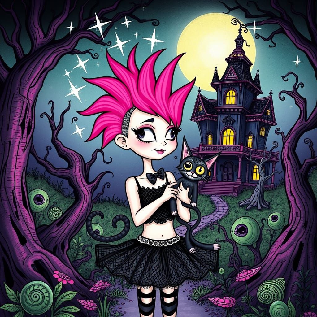 Whimsical Cartoon: Girl, Cat, and Gothic Landscape