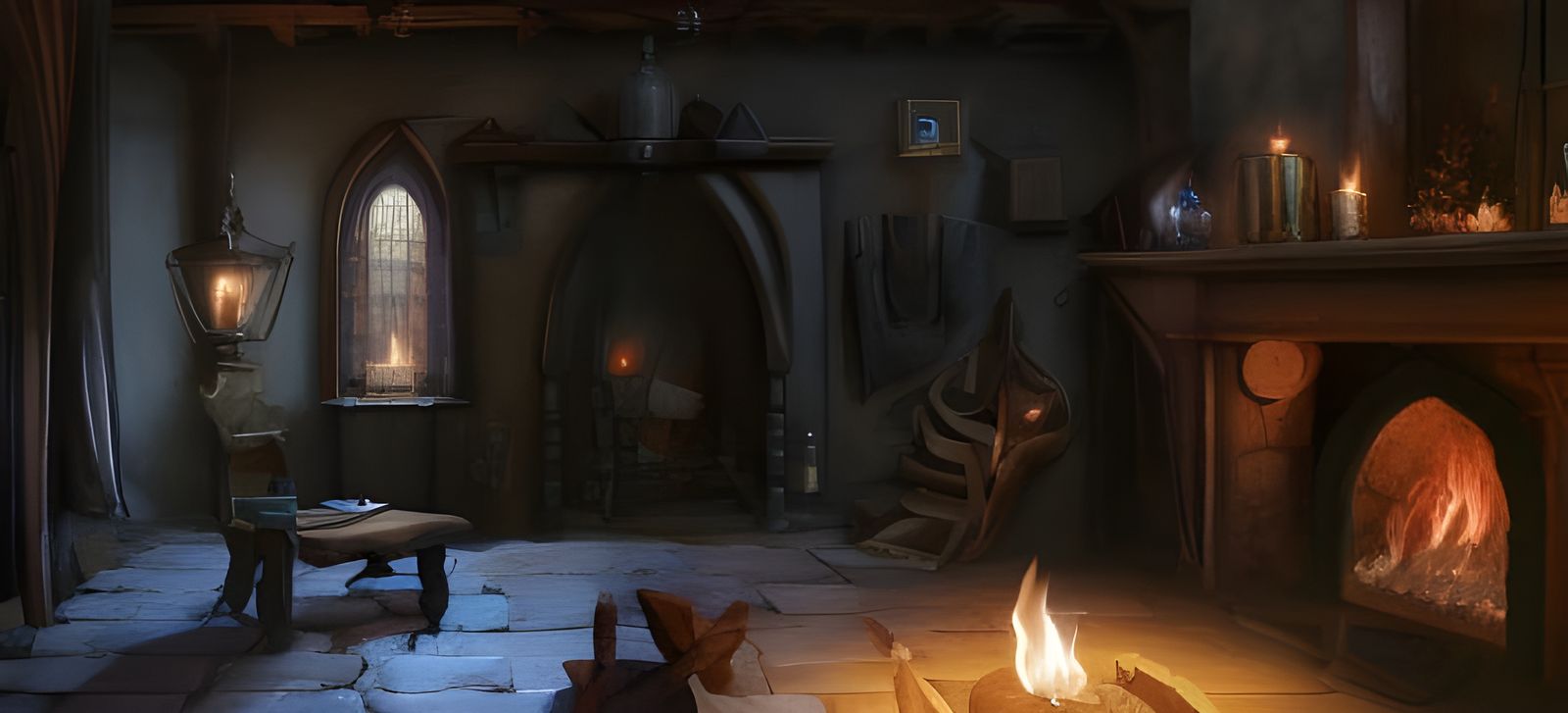 Cozy Medieval Interior with Fireplace: Fantasy Concept Art