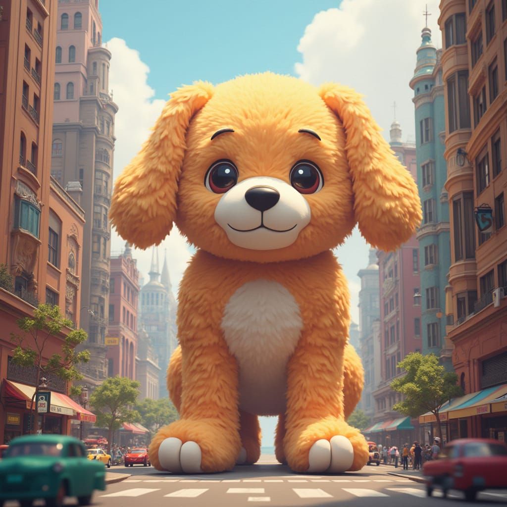 Gigantic Plush Dog Dominates Cityscape in Dreamlike Golden B...