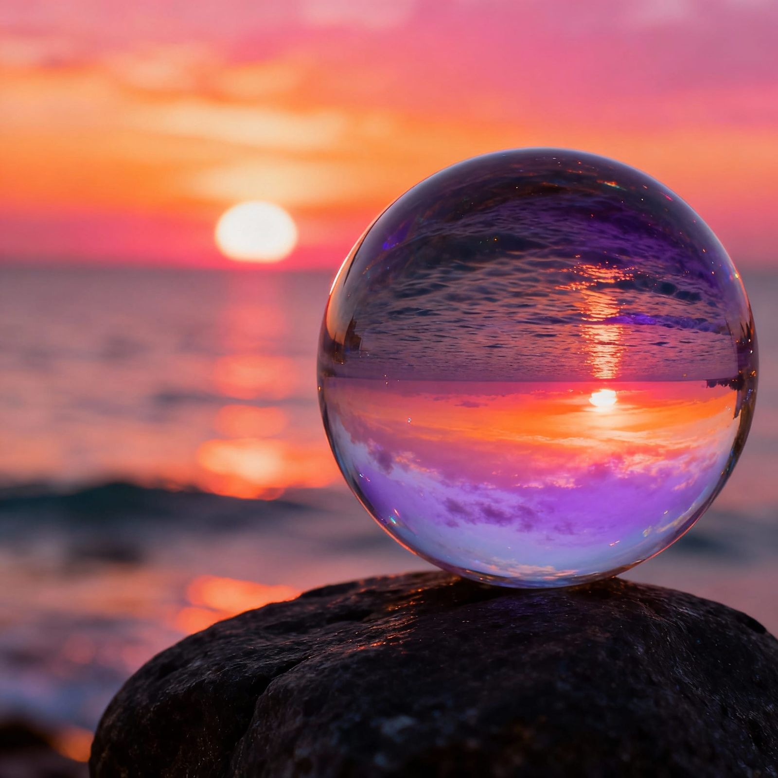 Crystal Ball With Vibrant Sunset Over Calm Sea