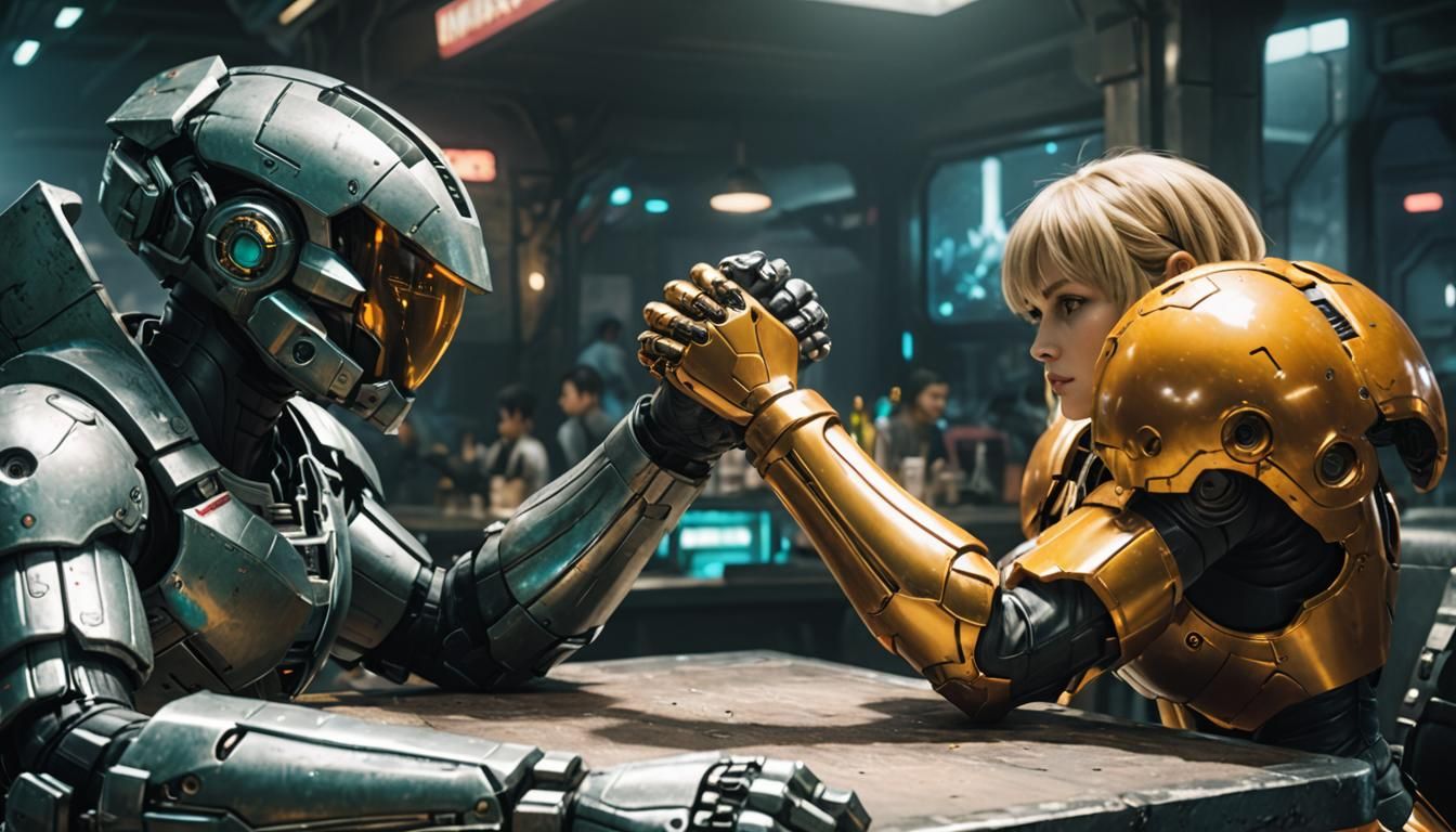 2B and Samus Arm Wrestling in Sci-Fi Bar