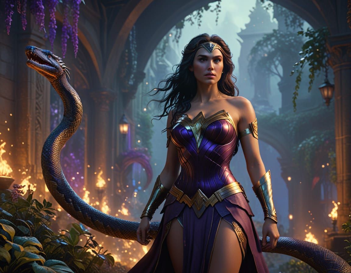Wonder Woman in the form of a beautiful naga with long snake...