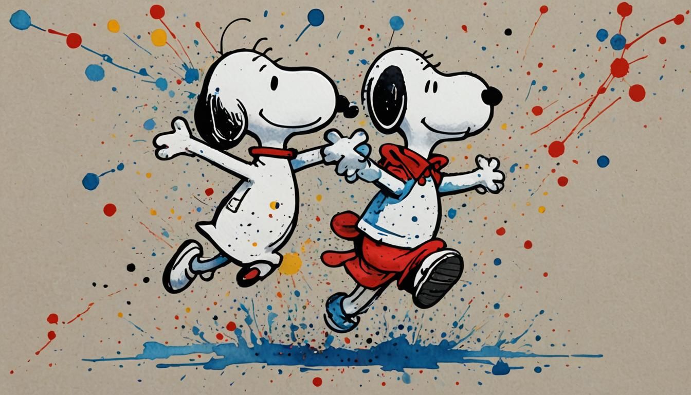 Dancing Snoopy in Ink Splatter Gouache Style