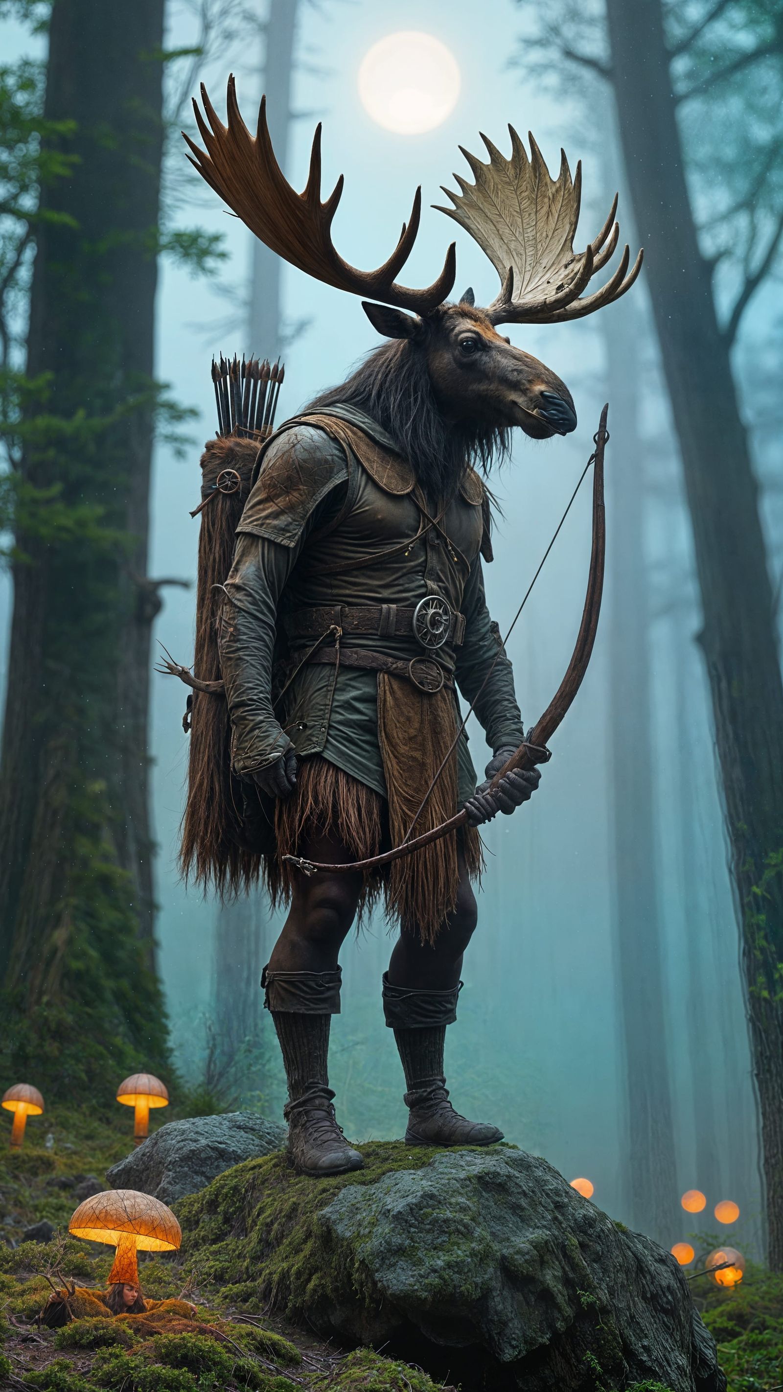 Human moose hybrid bow hunter in forest