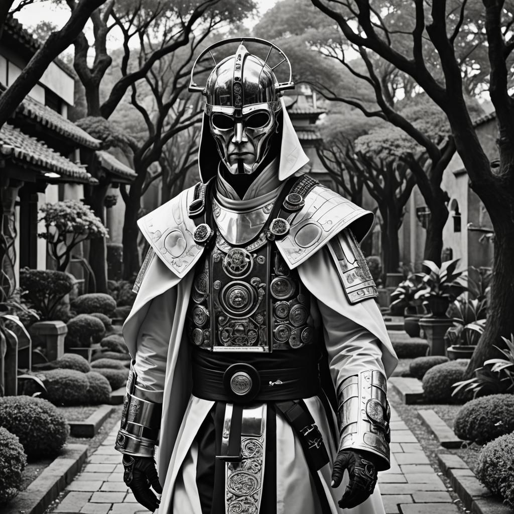 Cyborg Warrior in Cyberpunk Monastery Garden