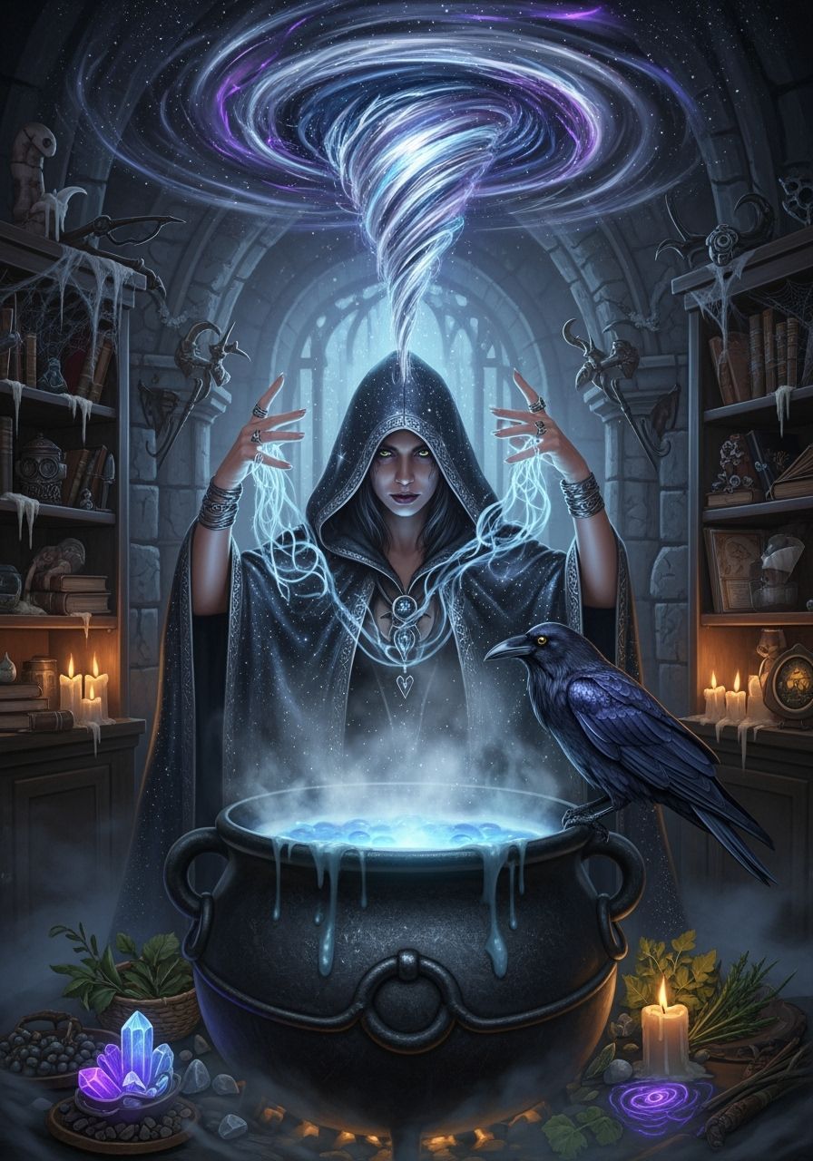 Witch Conjuring Arcane Energy Over Cauldron