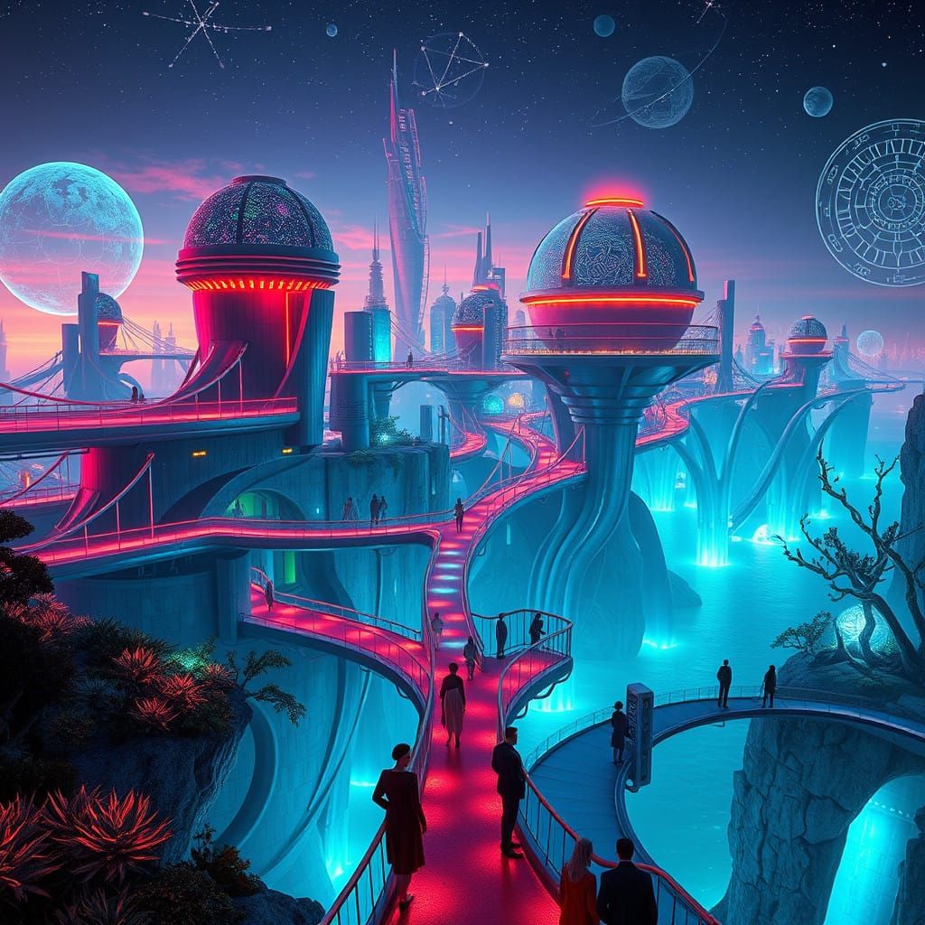 Cyberpunk Cityscape on Floating Islands with Glowing Bridges...