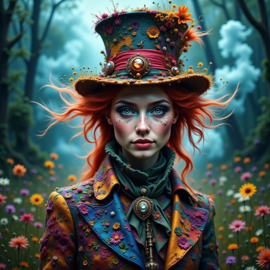 Boho Mad Hatter Woman in Wonderland with Red Hair