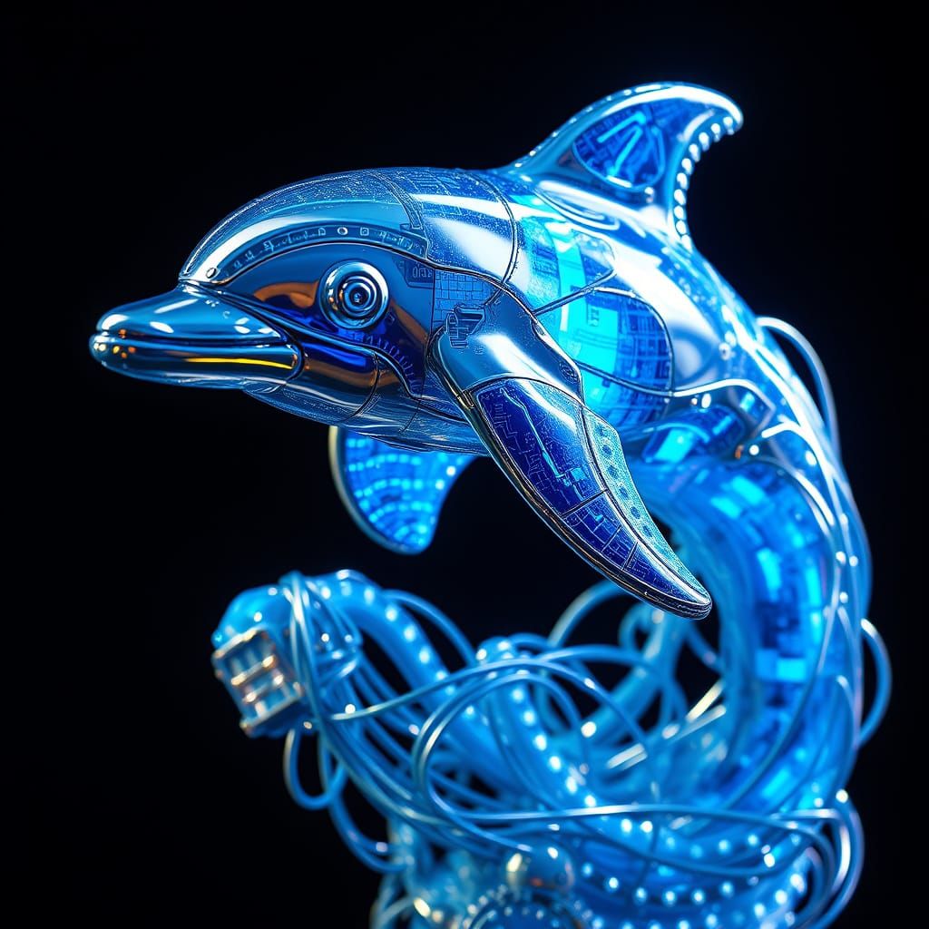 Blue Wire Dolphin Sculpture in Futuristic Style
