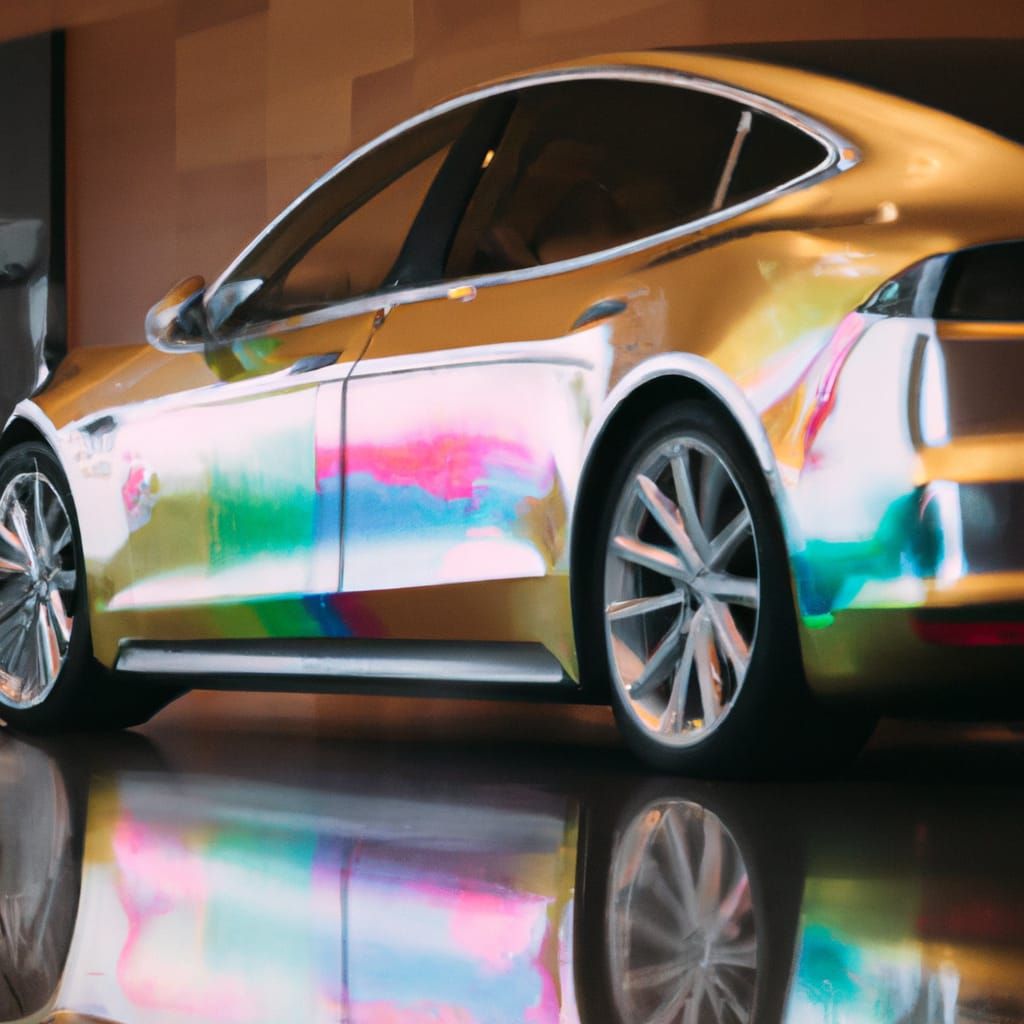 Rainbow Tesla in Louvre: Hyperrealistic 8K Photo
