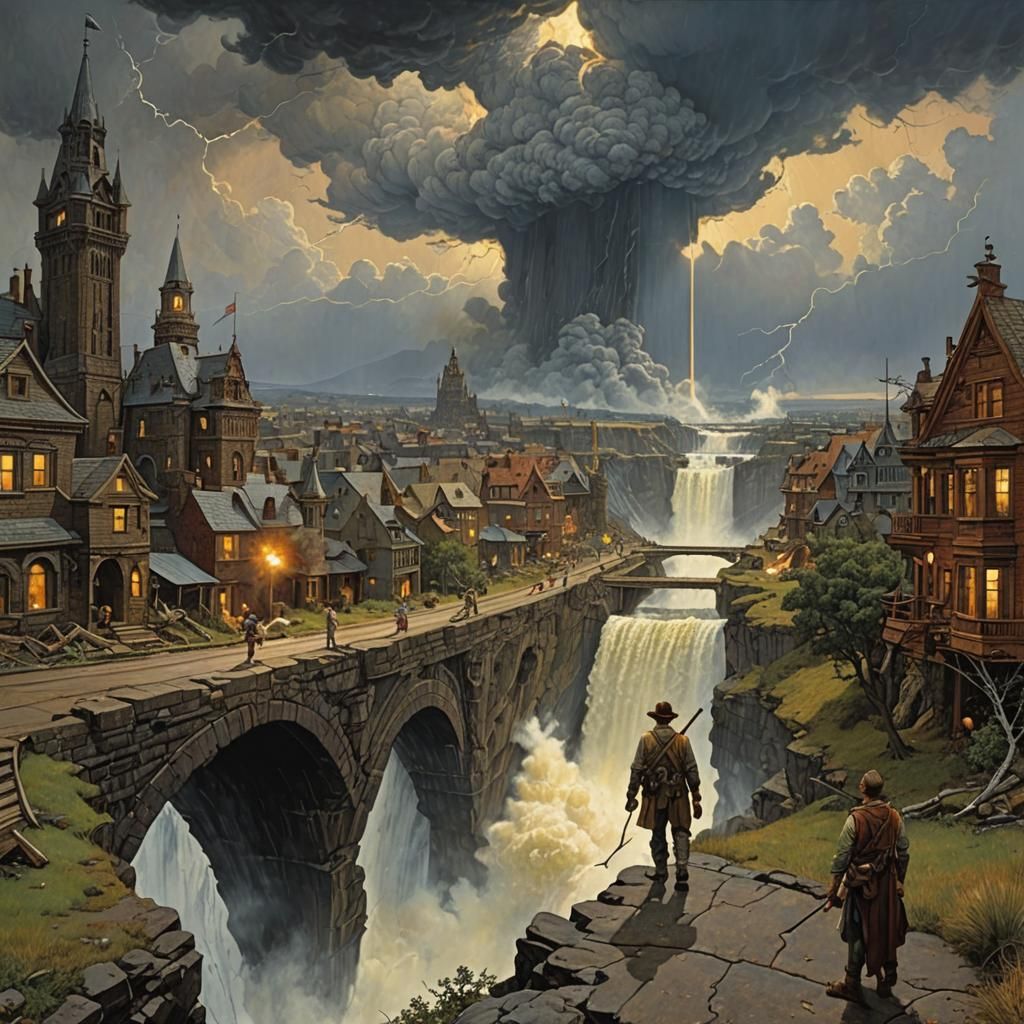 Surreal Dark Fantasy Landscape with Floating Castles