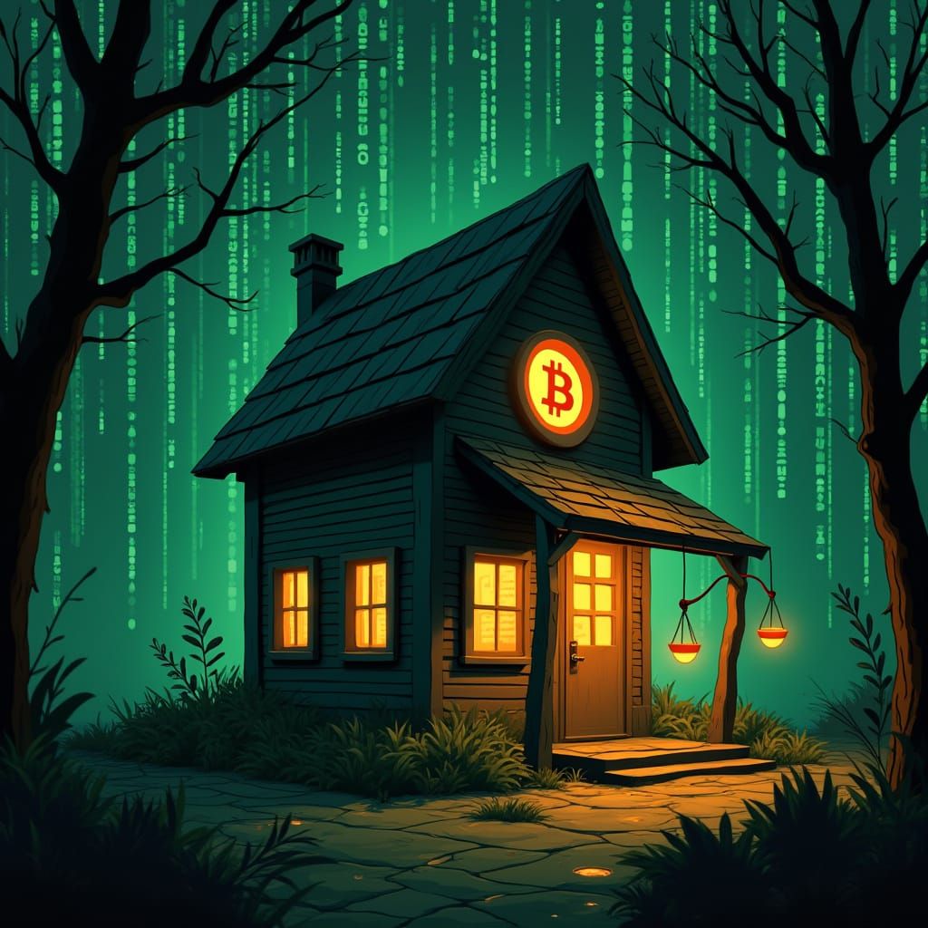 Trap House in Matrix Code with Bitcoin: Futuristic Art