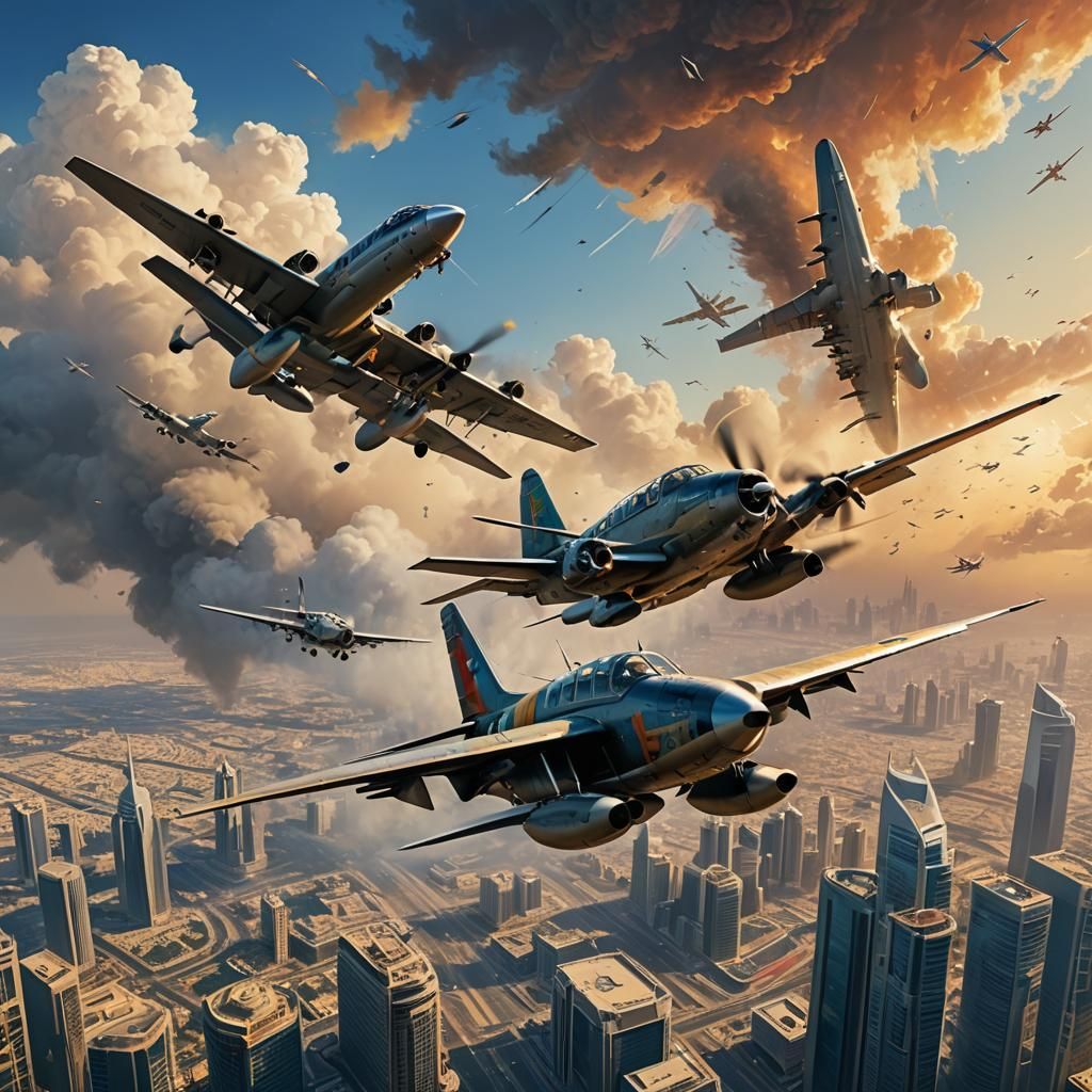 Hyperrealistic Arabs on Plane Approaching Skyscrapers