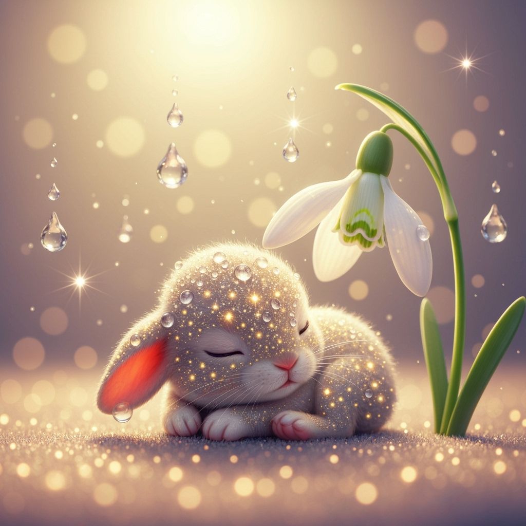 Baby Rabbit Sleeping Under Snowdrop Flower in Ethereal Light