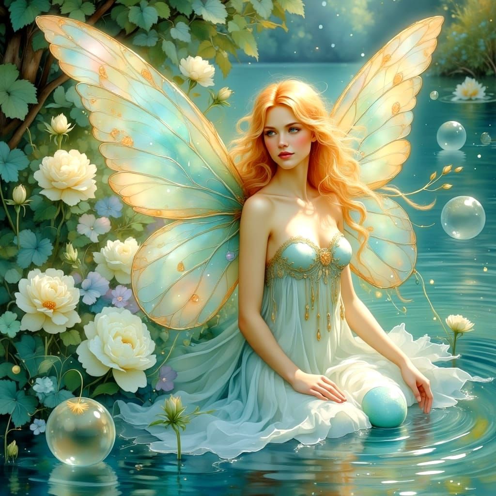 Art Nouveau Fairy with Iridescent Wings