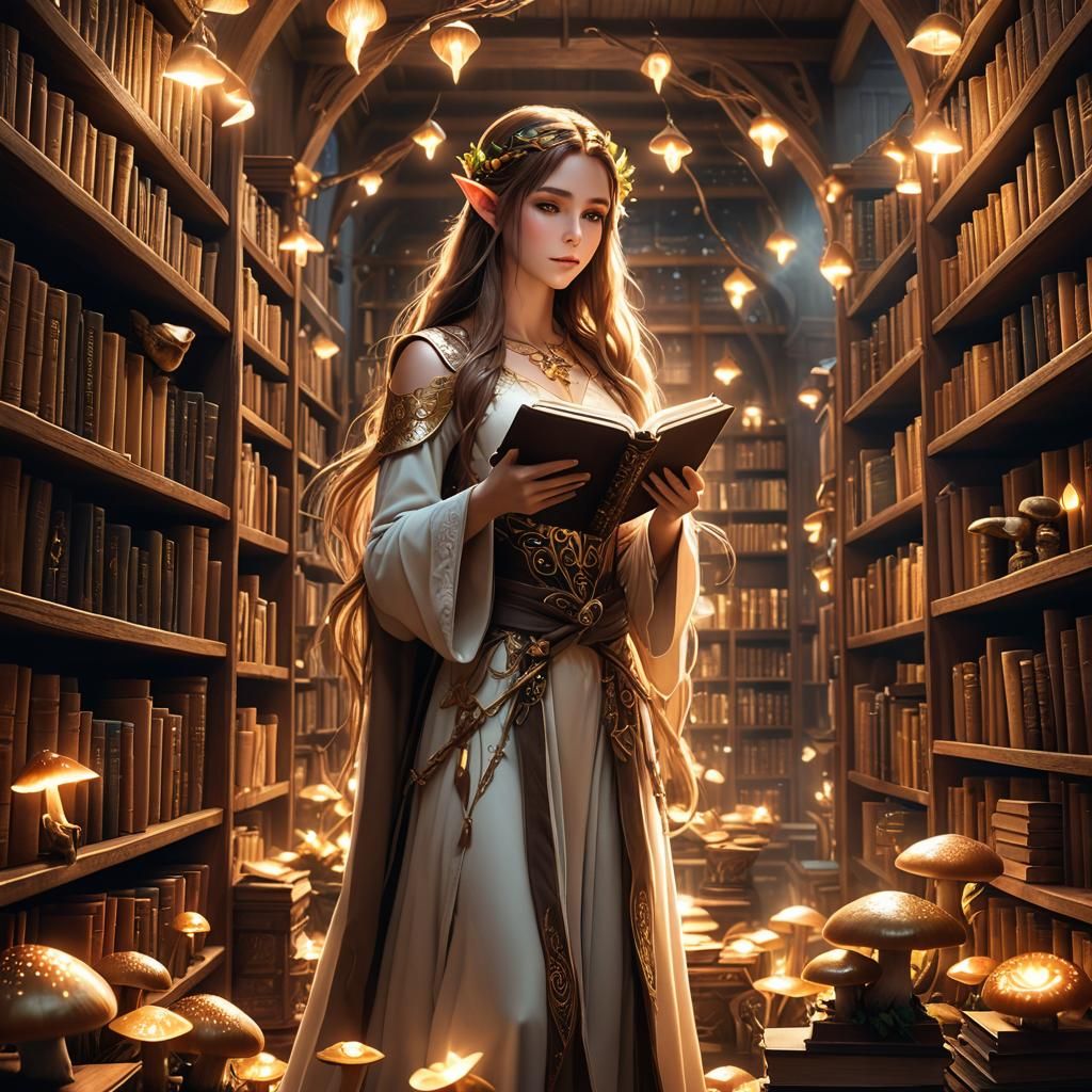 Elf Druid in Mystical Library, 3D Anime Art