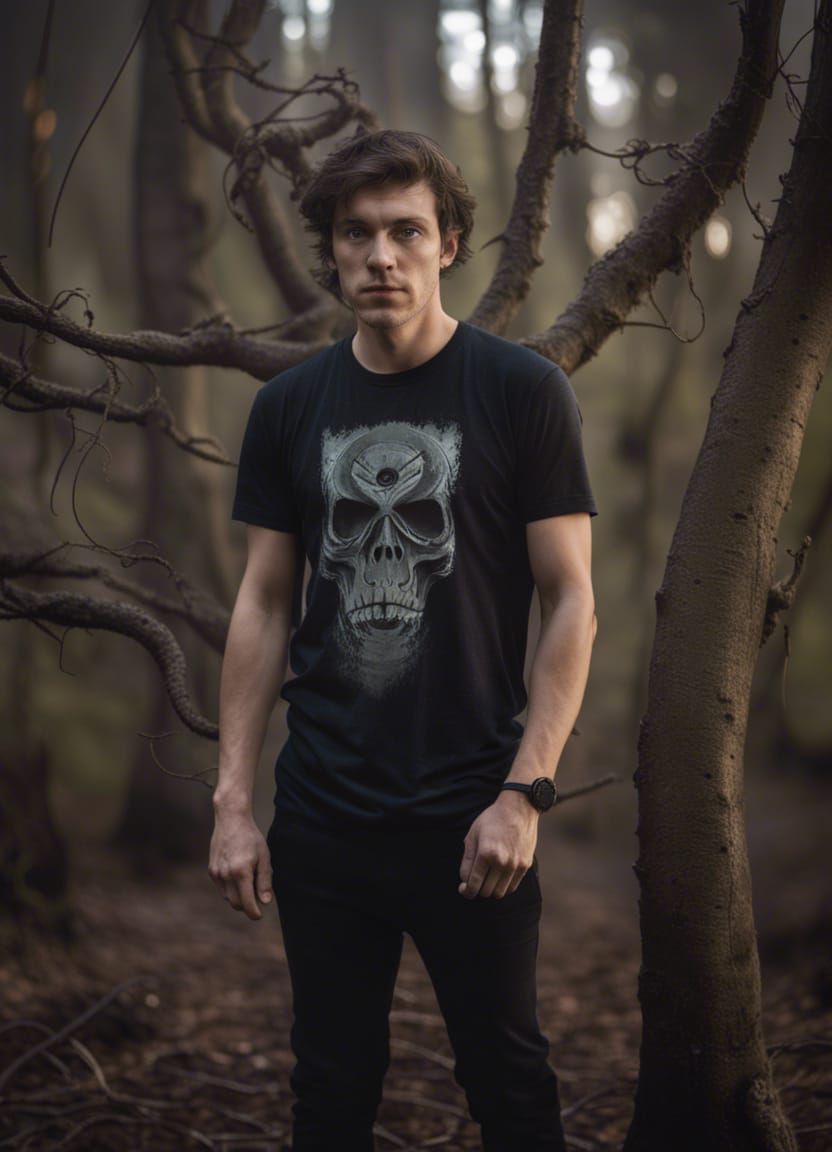 Eerie Forest Scene with College Student in Dark Fantasy Styl...