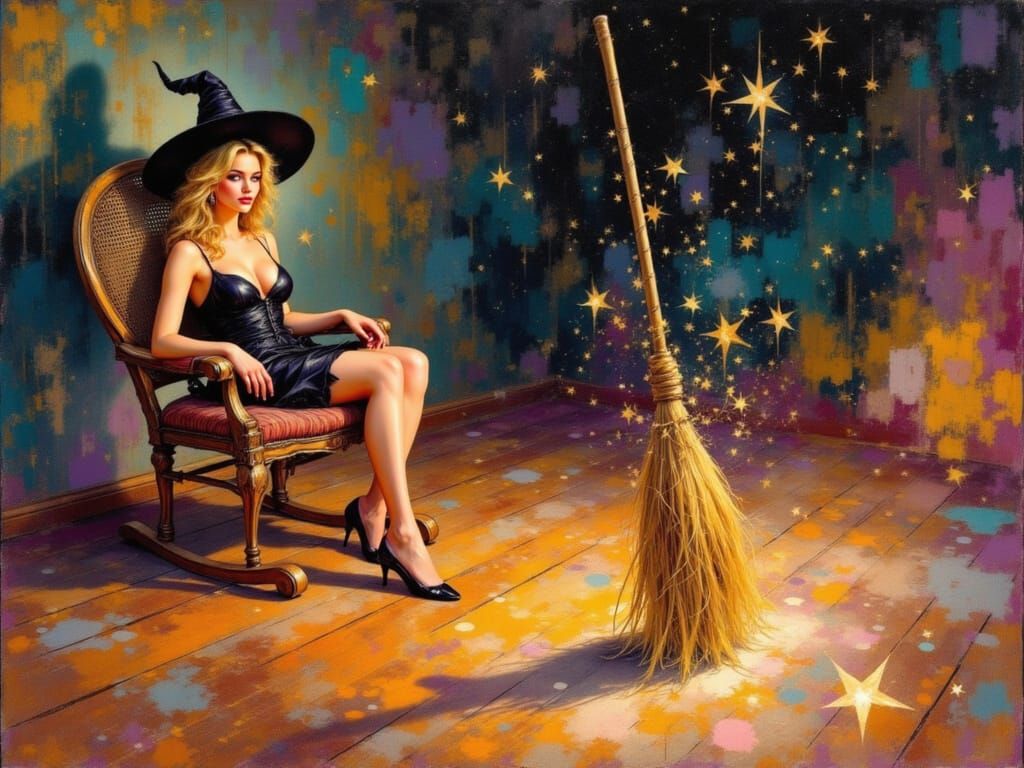 Busty Witch with Self-Sweeping Broom in Crayon and Oil Style