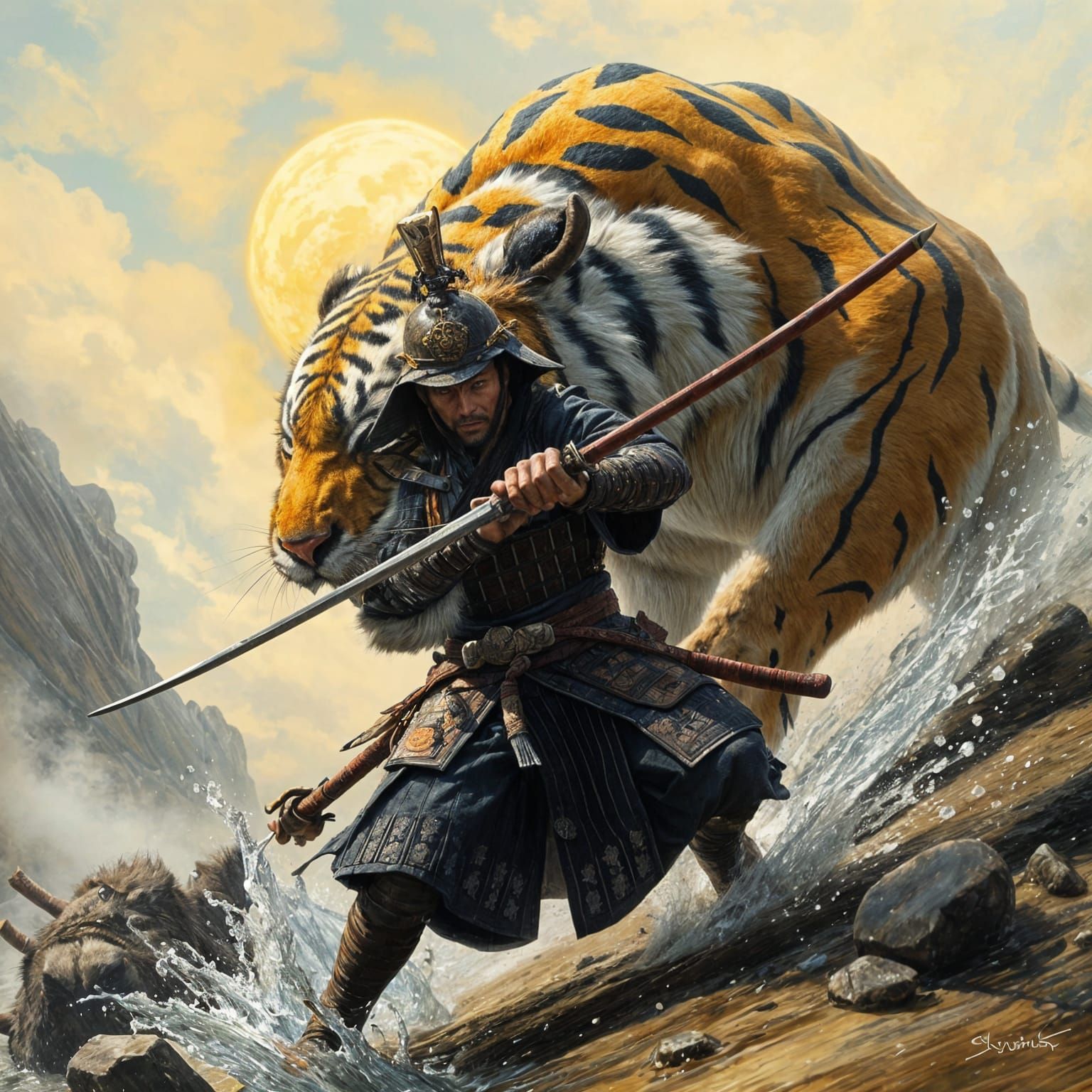 Samurai vs Water Tiger, Oil Painting