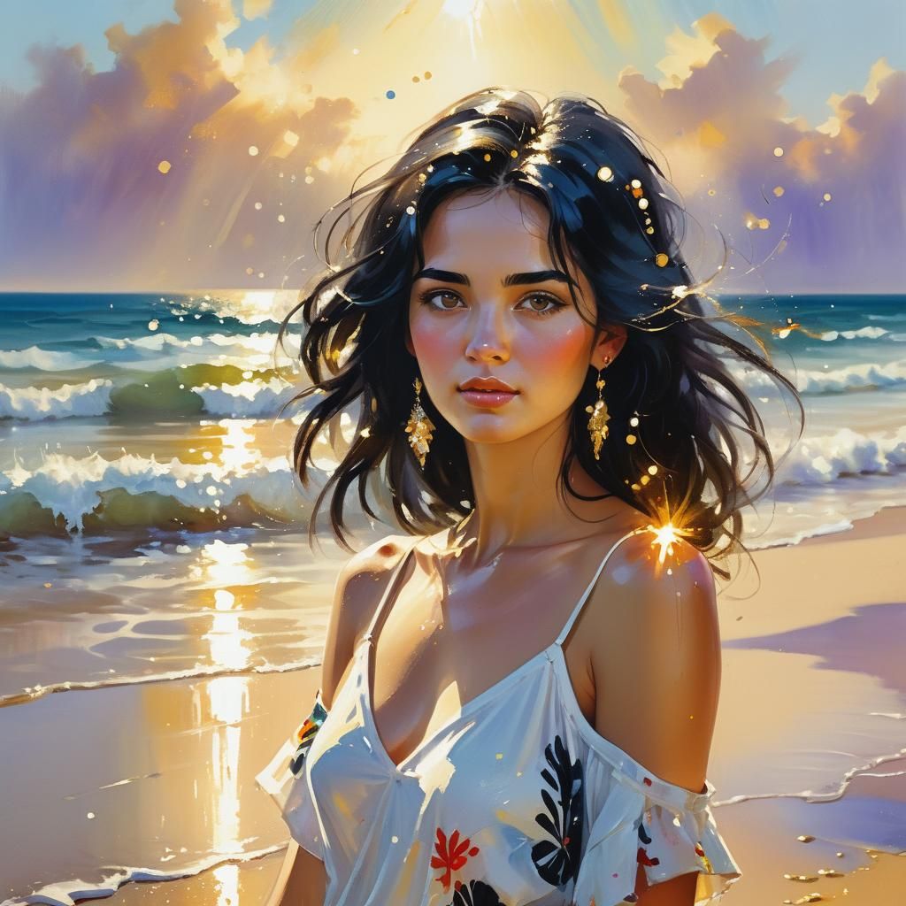 Mystical Woman at Beach in Gouache and Oil