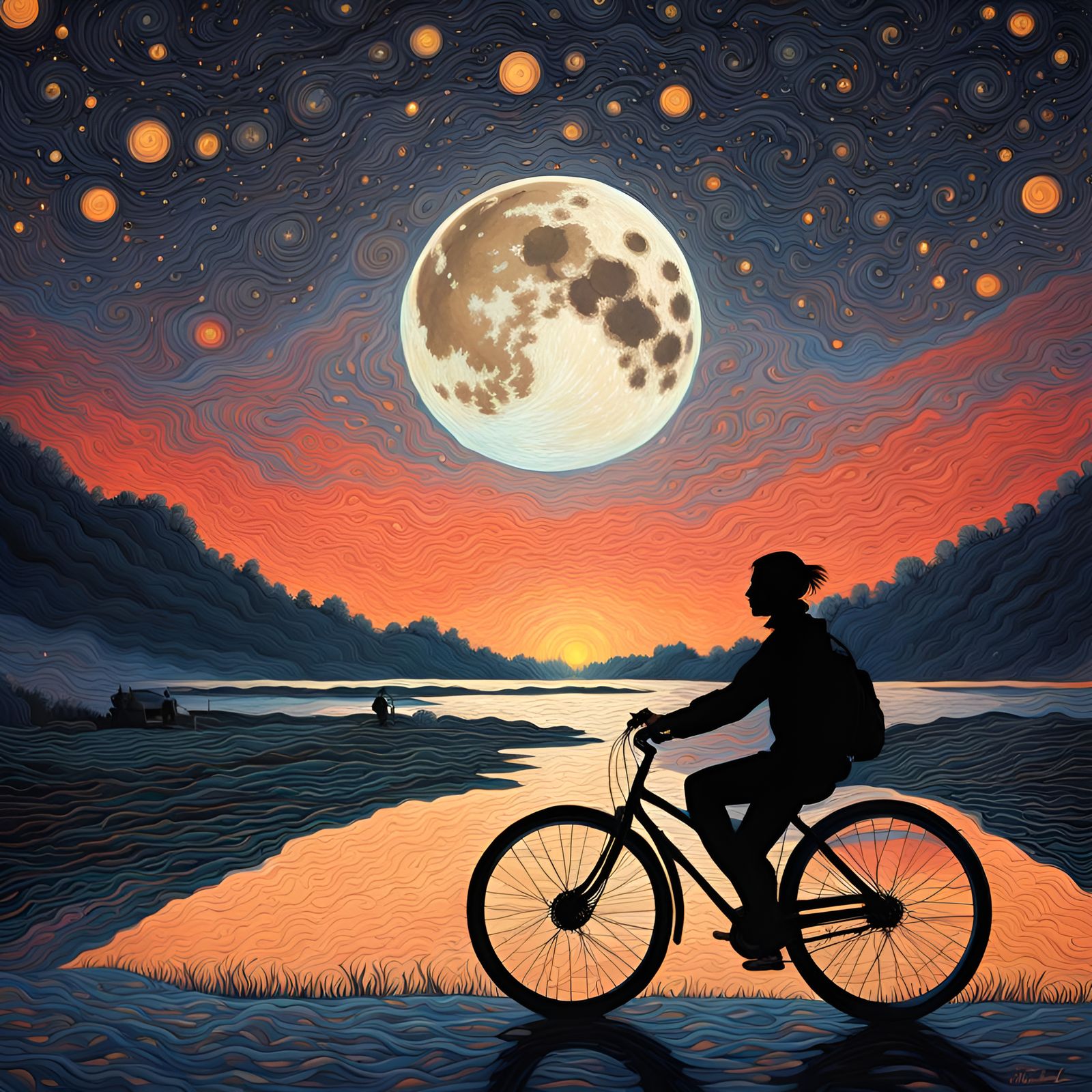 Hyperrealistic Cyclist Under Starry Moonlit Sky