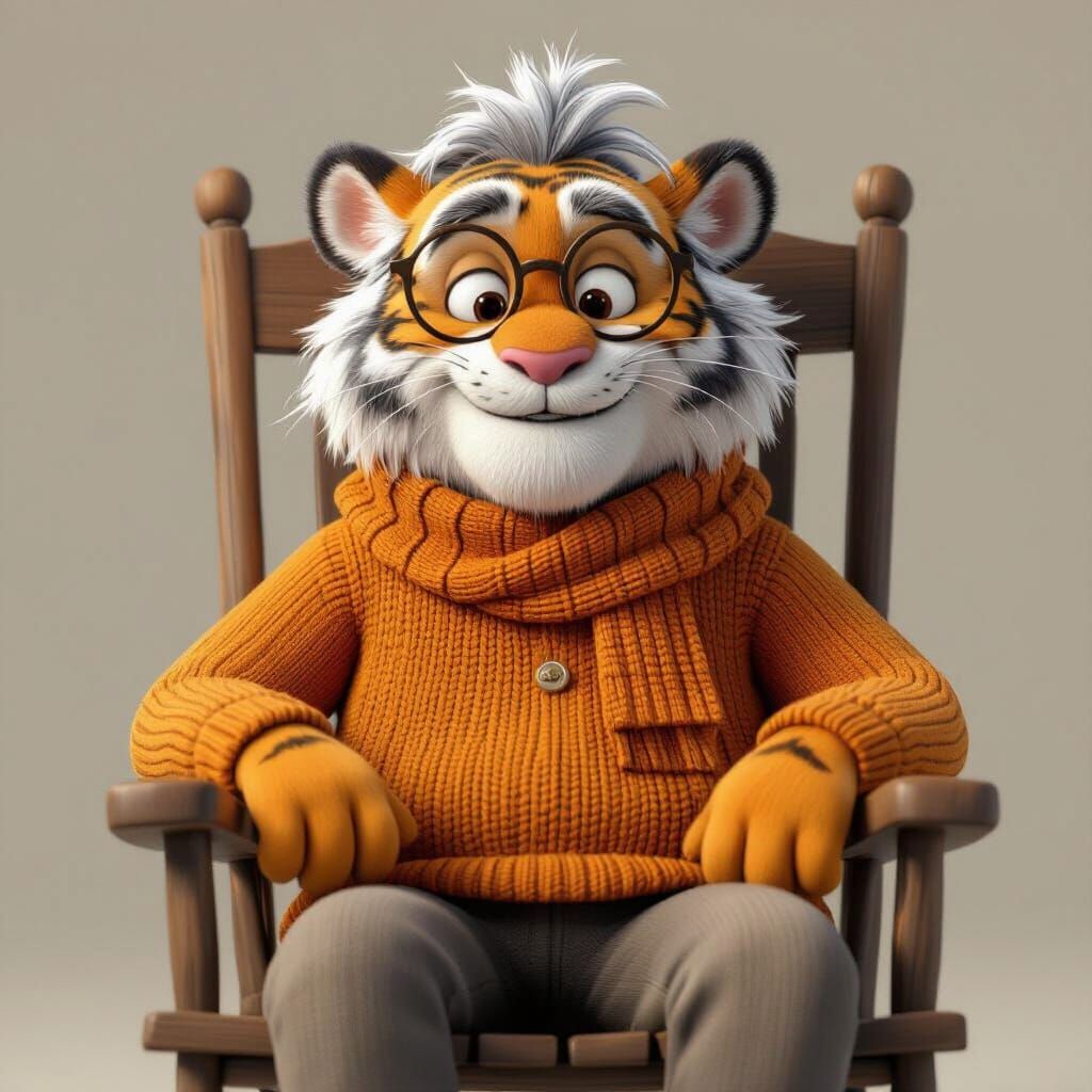 Wise Old Tiger Character in Pixar Animation Style