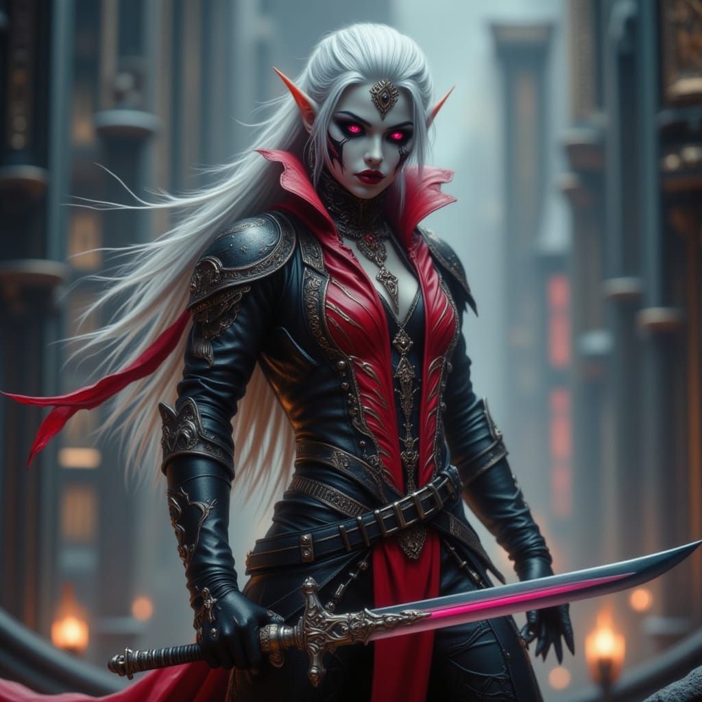 Muscular Drow Elf Rogue in Red Leather