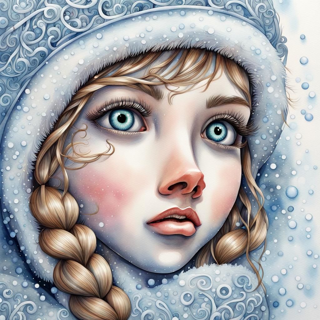 Watercolor Winter Girl with Large Eyes