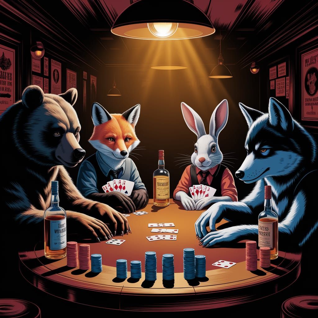 Animals Play Poker in Noir Saloon, Jamie Hewlett Style