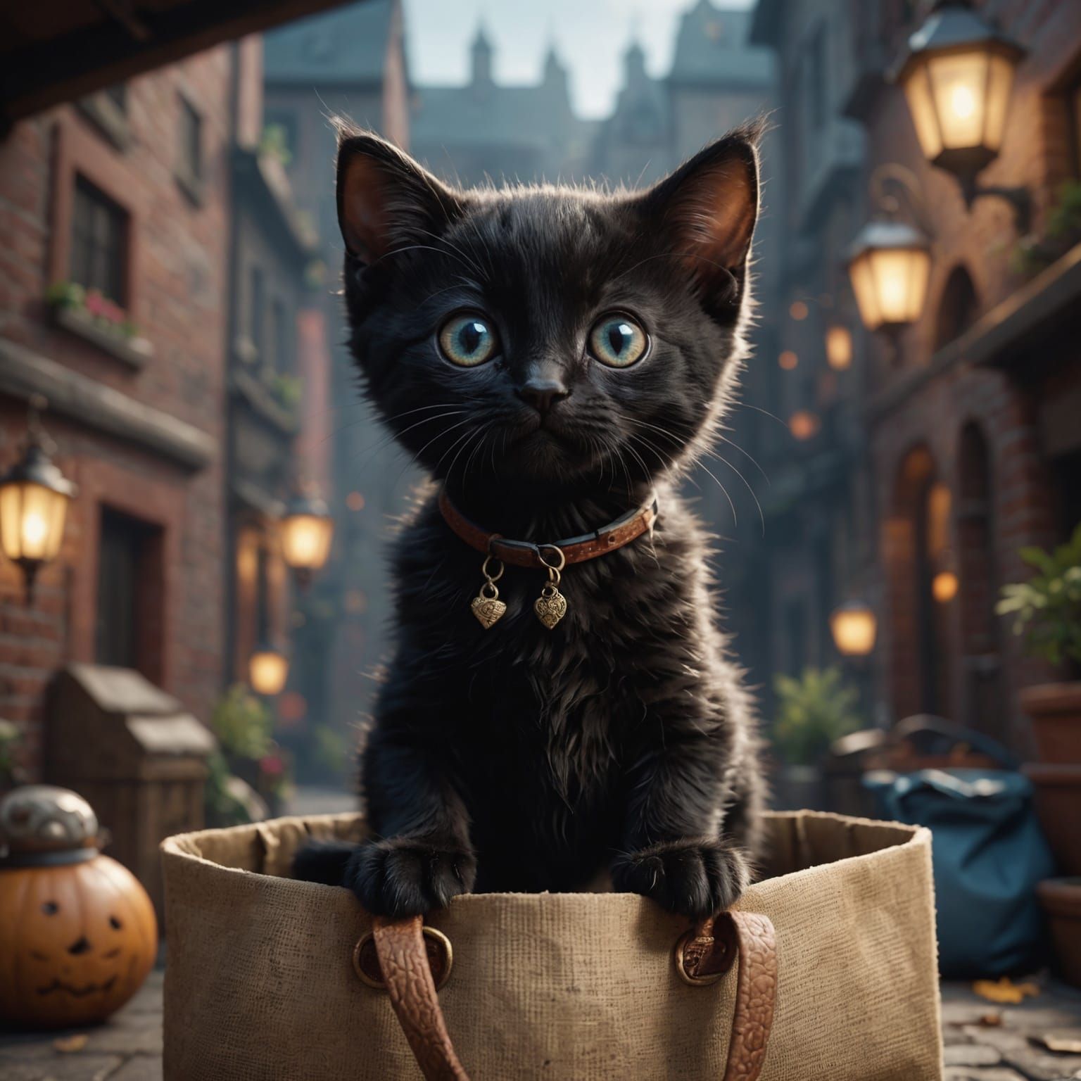 Cute Black Kitten in Bag: Fantasy Concept Art