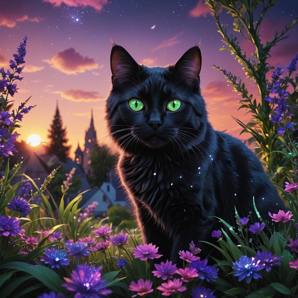 Elegant Black Cat with Green Eyes in Fantasy Art