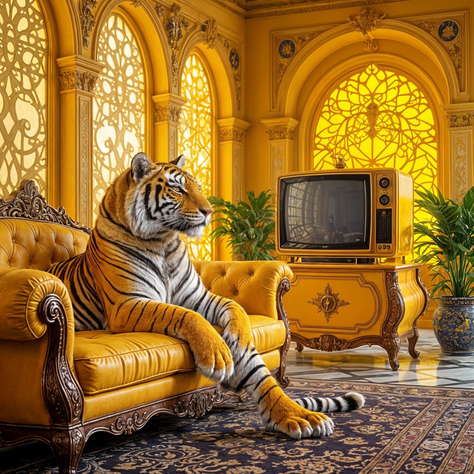 Yellow Tiger on Couch Watching TV in Yellow Room - Dark Fant...