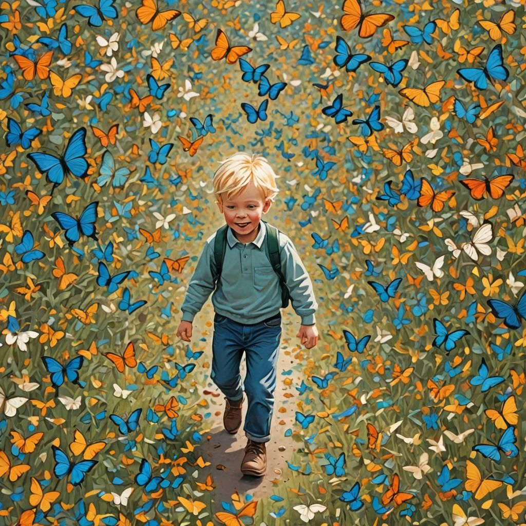 Boy in Butterfly Swarm, Full Color Image