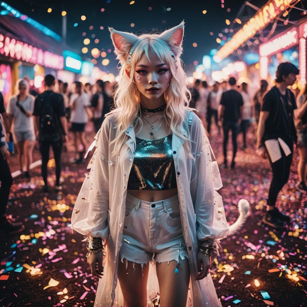 Albino Cat-Girl at Fusion Festival in Digital Painting Style