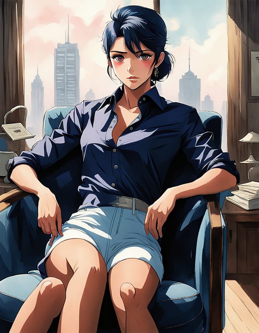 Surreal Mafia Boss Leans Back in Chair, Soft Anime Digital I...